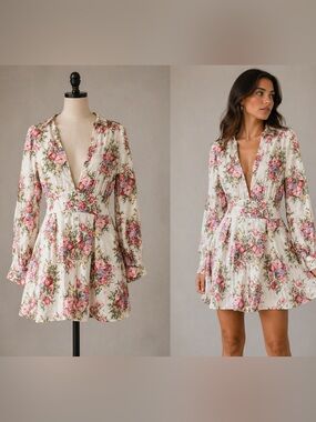 MAJORELLE Cream Floral V-Neck Mini Dress with Pink Roses